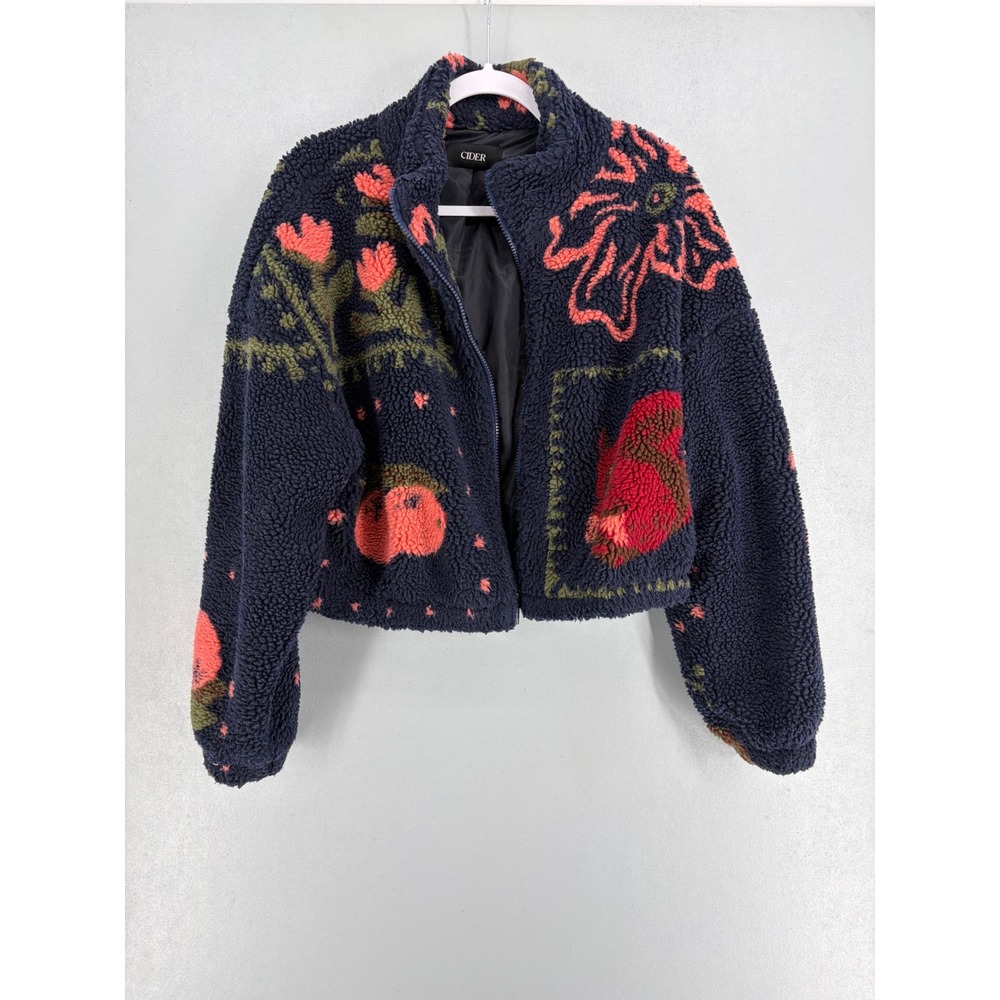 Cider Womens Jacket Navy Blue Floral Fruit Sherpa Fleece Zip Up M - Picture 2 of 5
